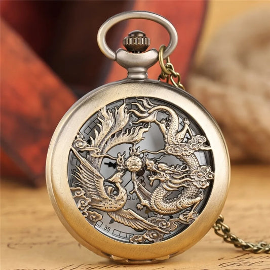 Antique Double Dragons Playing with Beads Pattern Quartz Pocket Watch โ Vintage Necklace Chain Gift for Men, Women & Kids