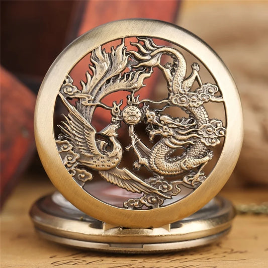 Antique Double Dragons Playing with Beads Pattern Quartz Pocket Watch – Vintage Necklace Chain Gift for Men, Women & Kids